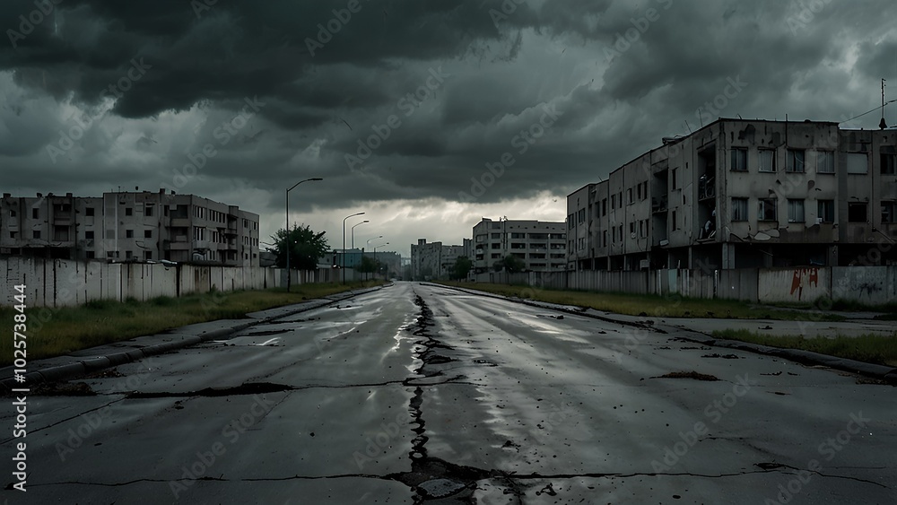 Abandoned Urban Landscape with Broken Roads and Decaying Buildings Abandoned Urban Landscape with Broken Roads and Decaying Buildings