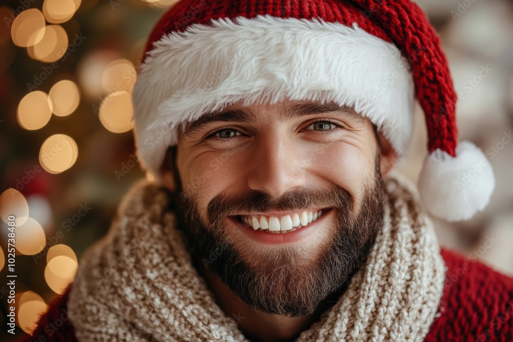 Man wearing a red Santa ha, a white scarf is smiling. He has a beard and is wearing a red and white outfit. handsome young man dressed in Santa Claus costume wide beautiful smile new year background Man wearing a red Santa ha, a white scarf is smiling. He has a beard and is wearing a red and white outfit. handsome young man dressed in Santa Claus costume wide beautiful smile new year background