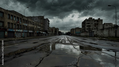 Abandoned Urban Landscape with Broken Roads and Decaying Buildings photo