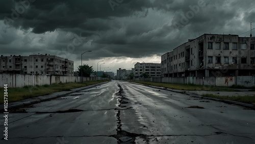 Abandoned Urban Landscape with Broken Roads and Decaying Buildings