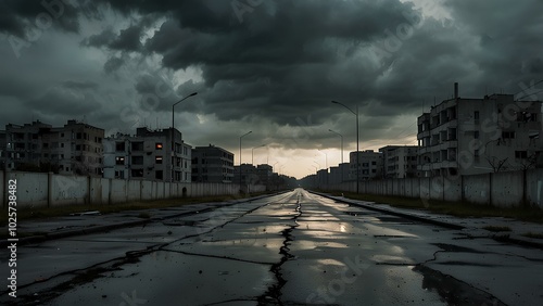 Abandoned Urban Landscape with Broken Roads and Decaying Buildings photo