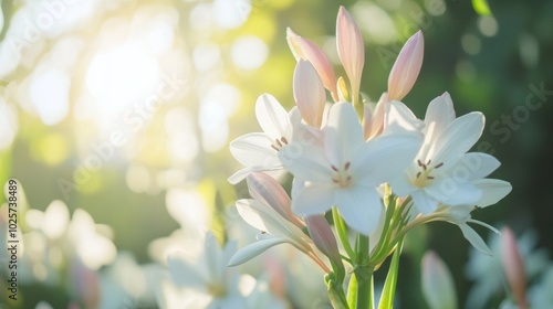 Beautiful white lilies bloom in soft morning sunlight, creating a serene and peaceful garden scene full of life.