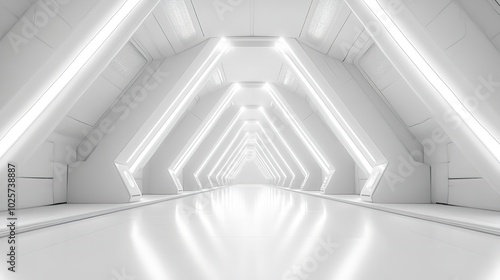 Empty futuristic white hallway with glowing LED lights, modern sci-fi architecture, clean minimalist design, bright corridor, geometric shapes, futuristic interior, sleek futuristic passageway