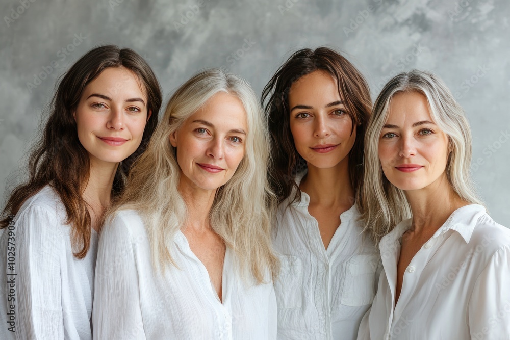 Fototapeta premium Four women in white shirts look at the camera. This photo can be used for various purposes, like beauty, fashion, or family.