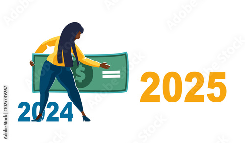 New year. Positive motivation, success and business growth in 2025. Overcoming obstacles, unfinished tasks of the past year, business lady with the dollar goes from 2024 to 2025. Vector illustration