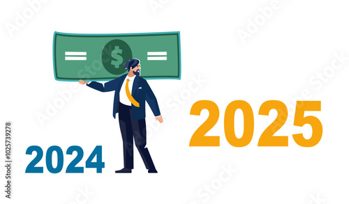 New year. Positive motivation, success and business growth in the 2025. Overcoming obstacles, unfinished tasks in the passing year, businessman with a dollar goes from 2024 to 2025 Vector illustration