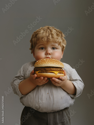 a blonde chubby kid holding a big hamburger photo