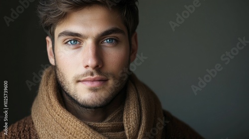 A man with a beard and blue eyes is wearing a brown scarf