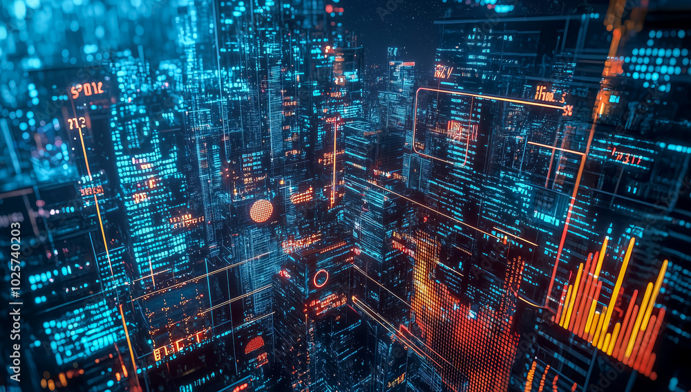 Nighttime view of a technologically advanced city with sleek, illuminated skyscrapers. Premium background for the latest technology needs Nighttime view of a technologically advanced city with sleek, illuminated skyscrapers. Premium background for the latest technology needs