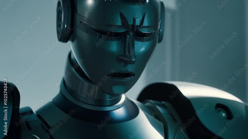 A silver robot stands in a futuristic city A silver robot stands in a futuristic city