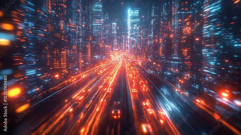 Futuristic cityscape with bright lights at night - generative ai Futuristic cityscape with bright lights at night - generative ai