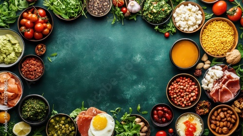 Wallpaper Mural Healthy assortment of fresh vegetables, grains, meats, and spices arranged on a green background, perfect for culinary uses and food lovers. Torontodigital.ca