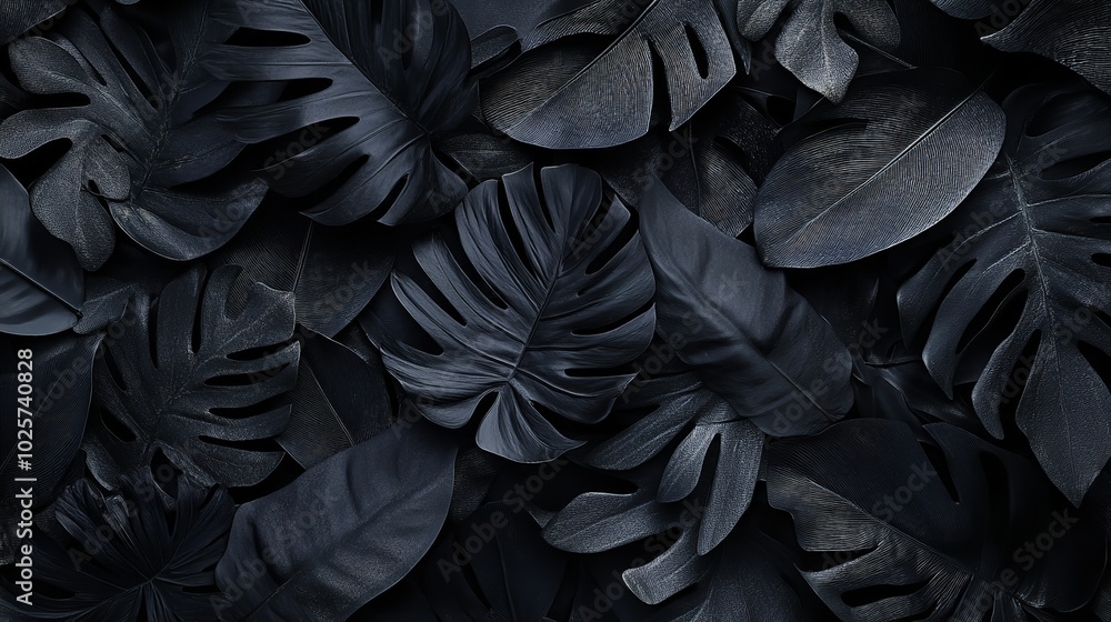 Textures of abstract black leaves for tropical leaf background. Flat lay, dark nature concept. Generative AI Textures of abstract black leaves for tropical leaf background. Flat lay, dark nature concept. Generative AI