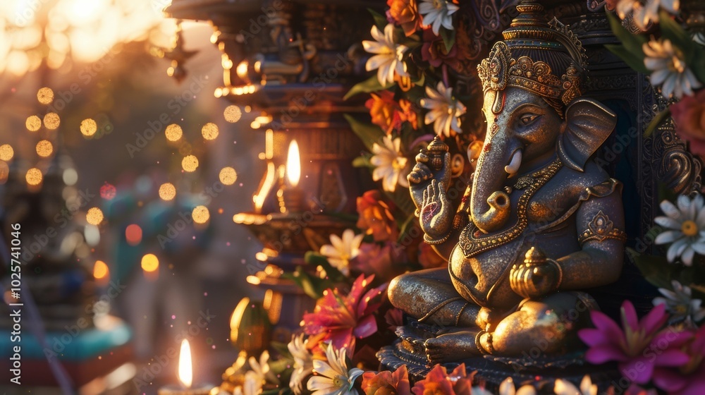 Fototapeta premium Beautiful Ganesh Statue Surrounded by Flowers and Lights at Sunset