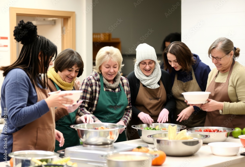 Extended family members volunteering together at a soup kitchen Extended family members volunteering together at a soup kitchen