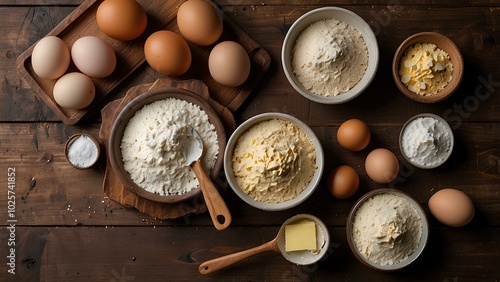 Flat Lay of Baking Ingredients: Flour, Eggs, Butter, and Sugar on Rustic Wooden Table photo