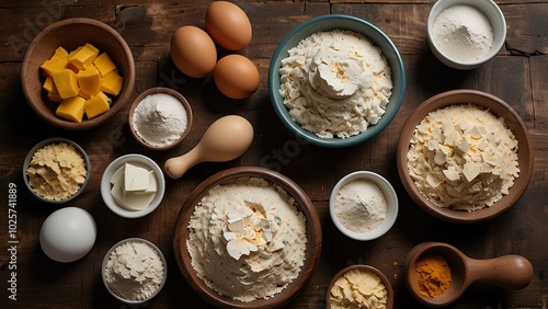 Flat Lay of Baking Ingredients: Flour, Eggs, Butter, and Sugar on Rustic Wooden Table