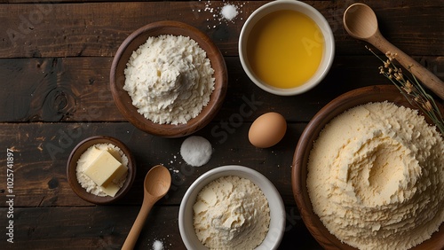 Flat Lay of Baking Ingredients: Flour, Eggs, Butter, and Sugar on Rustic Wooden Table photo