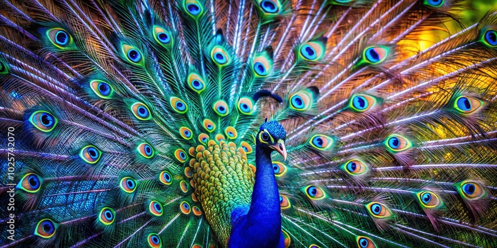 Obraz premium Majestic Peacock Spinning with Fluffed Tail in Vibrant Display of Colors and Beauty in Nature's Splendor