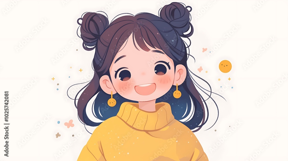 Smiling anime girl with brown hair in pigtails wearing a yellow sweater and earrings. Smiling anime girl with brown hair in pigtails wearing a yellow sweater and earrings.