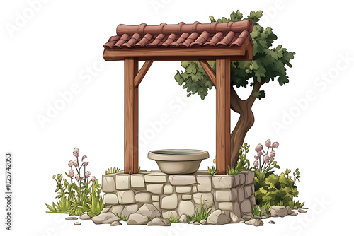 A rustic stone well with a wooden roof, surrounded by plants and rocks. photo