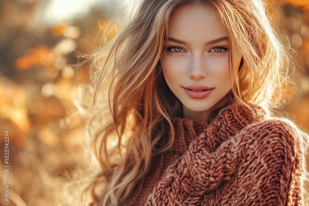 Naklejka premium Woman with long, flowing hair. This photo is perfect for websites, social media, or print projects related to beauty, fashion, or autumn.