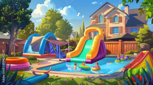 Wallpaper Mural Summer Fun at a Backyard Pool Party with Inflatable Slides and a House Torontodigital.ca