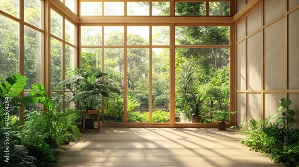 A minimalist Japandi-style home greenhouse with a wooden frame A minimalist Japandi-style home greenhouse with a wooden frame