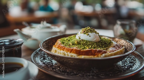 Close-up of a traditional Turkish dessert, knefe, served hot with pistachio topping and a side of fresh cream. photo