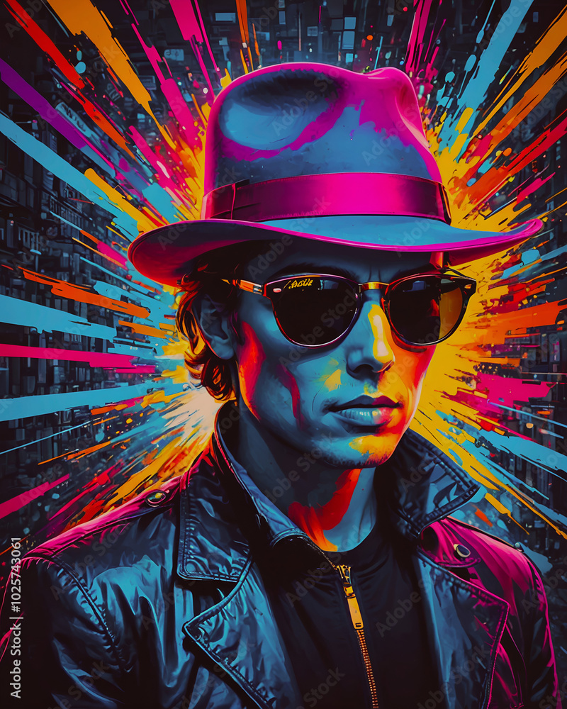 A poster of a man wearing a hat and sunglasses with a purple background. A poster of a man wearing a hat and sunglasses with a purple background.