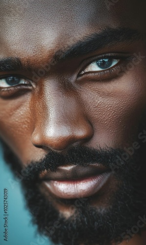 Close-up of a man's face with blue eyes.