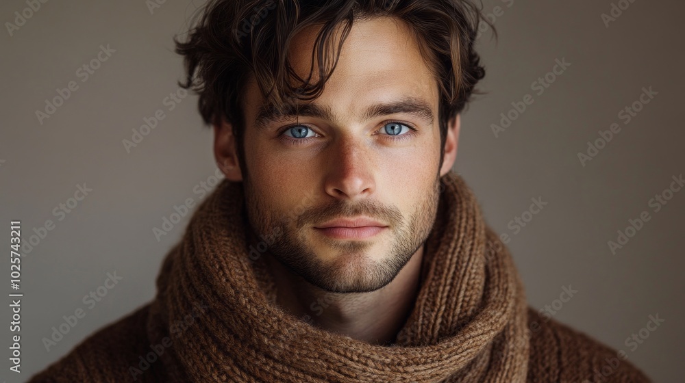 A man with a beard and blue eyes is wearing a brown scarf A man with a beard and blue eyes is wearing a brown scarf