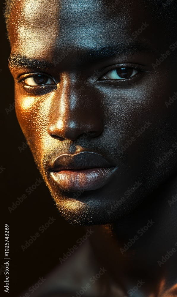 Close-up of a man's face with golden light. Close-up of a man's face with golden light.