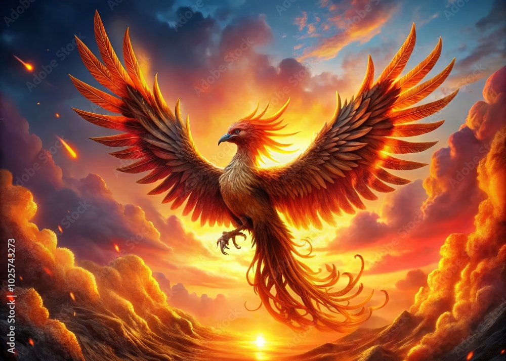 Obraz premium Majestic Phoenix Bird Rising from Ashes Against a Stunning Sunset Background in Vibrant Colors