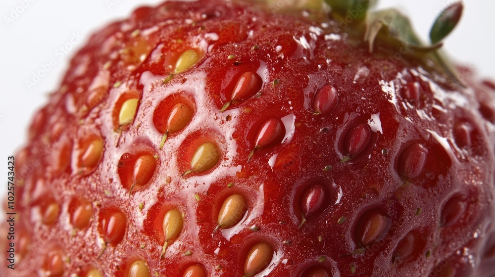 Macro shot of a strawberry with detailed texture, showing the seeds and bright red surface. Isolated on a clean white background. Macro shot of a strawberry with detailed texture, showing the seeds and bright red surface. Isolated on a clean white background.