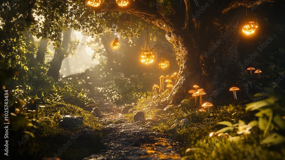 A mysterious figure in a foggy path adorned with glowing pumpkins. A mysterious figure in a foggy path adorned with glowing pumpkins.