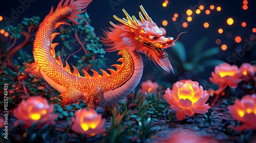 Majestic Dragon Dances through a Glowing Garden of Jade Vines and Lucky Peonies with Firecrackers in the Sky