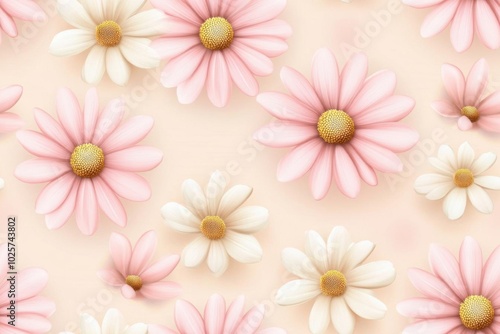 A beautiful pattern of pink and white daisies on a soft pastel background, perfect for springtime designs and floral themes.