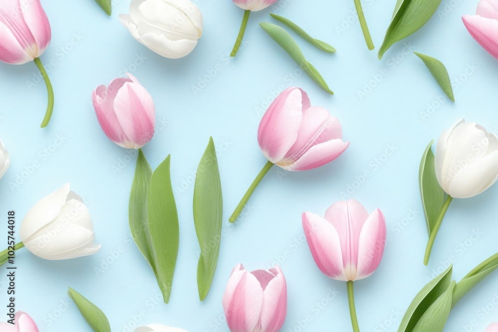 Obraz premium A vibrant arrangement of pink and white tulips on a soft blue background, ideal for spring and floral-themed projects.