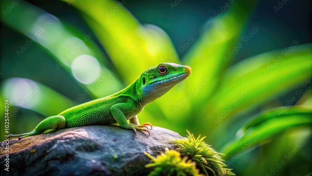 Fototapeta premium Resting on a tranquil background, a minimalist green lizard embodies the essence of nature's elegance. Its vivid green color enhances the peaceful scenery surrounding it.
