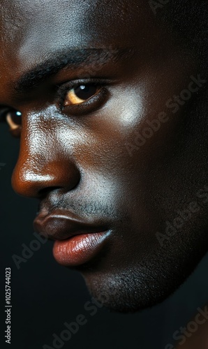 Close-up of a man's face with glistening skin.
