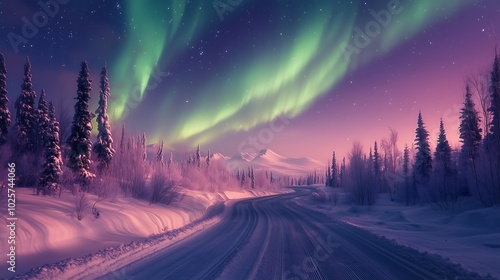 Northern lights in winter in the forest