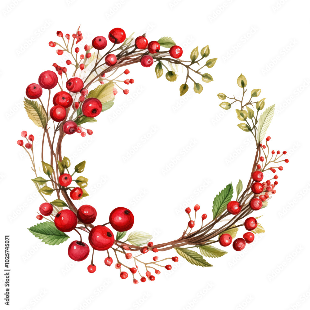 Festive Red Berry Wreath With Green Leaves In A Circular Shape For Holiday Decoration Festive Red Berry Wreath With Green Leaves In A Circular Shape For Holiday Decoration