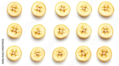 A seamless pattern of sliced banana on a white background.