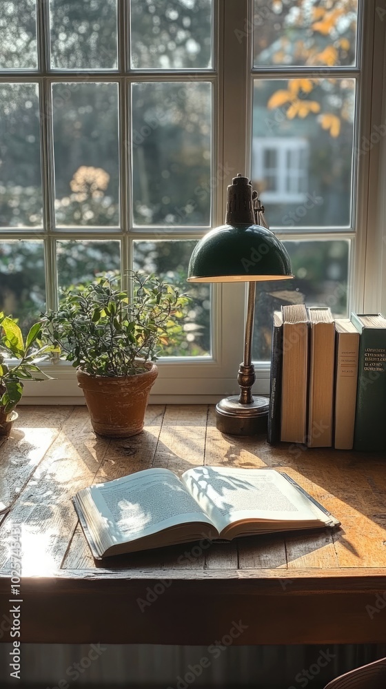 Minimalistic workspace with only a desk lamp, a book, and a notebook. Minimalistic workspace with only a desk lamp, a book, and a notebook.