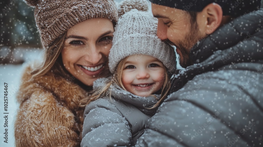 A family of three, a man, a woman and a child, are smiling A family of three, a man, a woman and a child, are smiling
