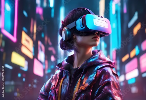 A person wearing a VR headset, fully immersed in a virtual world filled with vibrant landscapes.