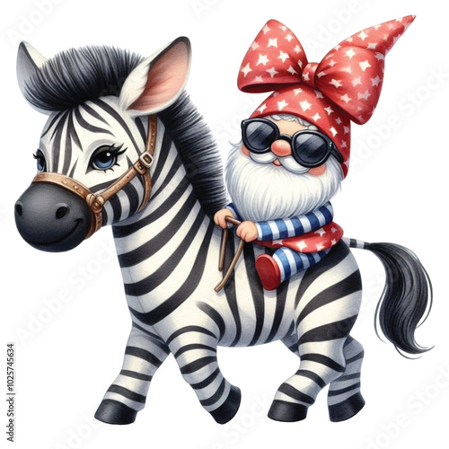 Zebra Gnome sitting on the back clipart watercolor
