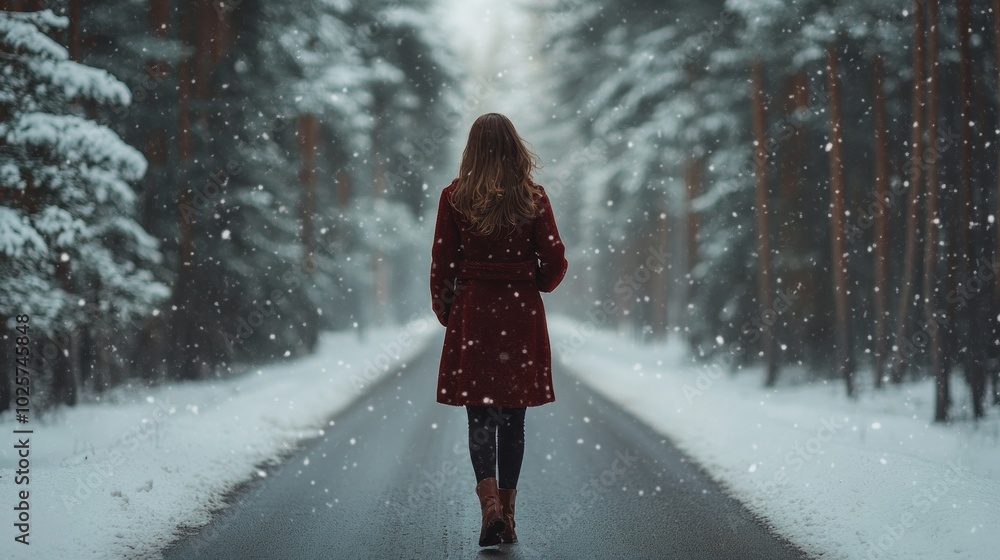 A woman in a red coat walks down a snowy road A woman in a red coat walks down a snowy road