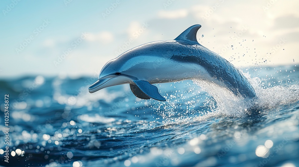 Fototapeta premium A close-up shot of a playful dolphin leaping gracefully out of the sparkling blue ocean, with its sleek body glistening in the sunlight. The background features a serene sea horizon and gentle waves,